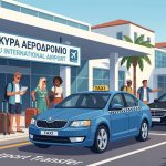 Corfu airport taxi waiting outside arrivals terminal for passengers